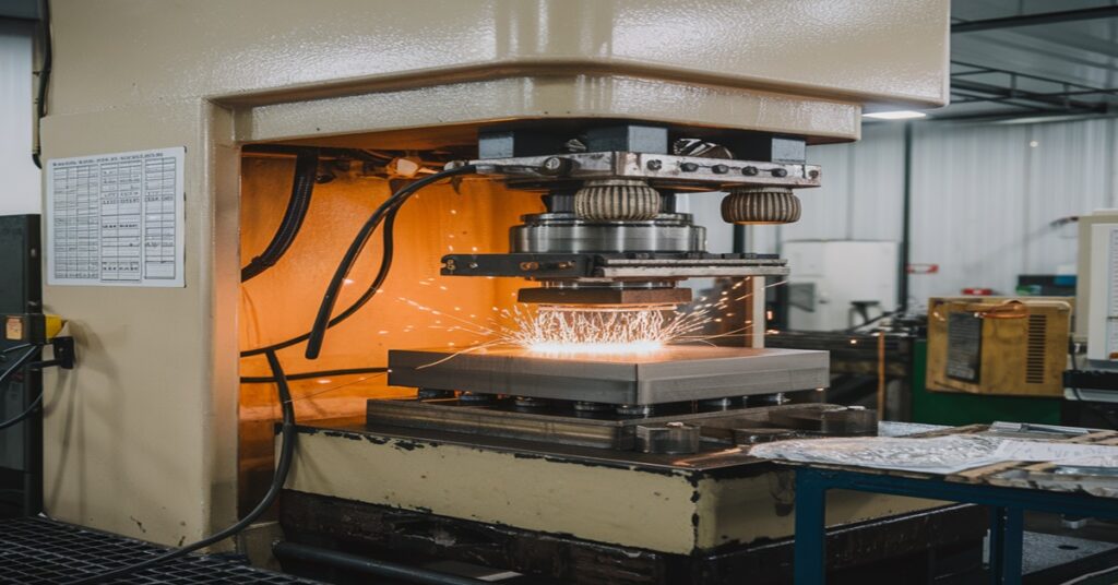 A cold forming press in operation, showing the various components