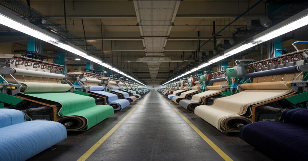 showcasing various lap formers in a textile factory, highlighting key components and fiber flow. Include finished textile products and industrial elements.